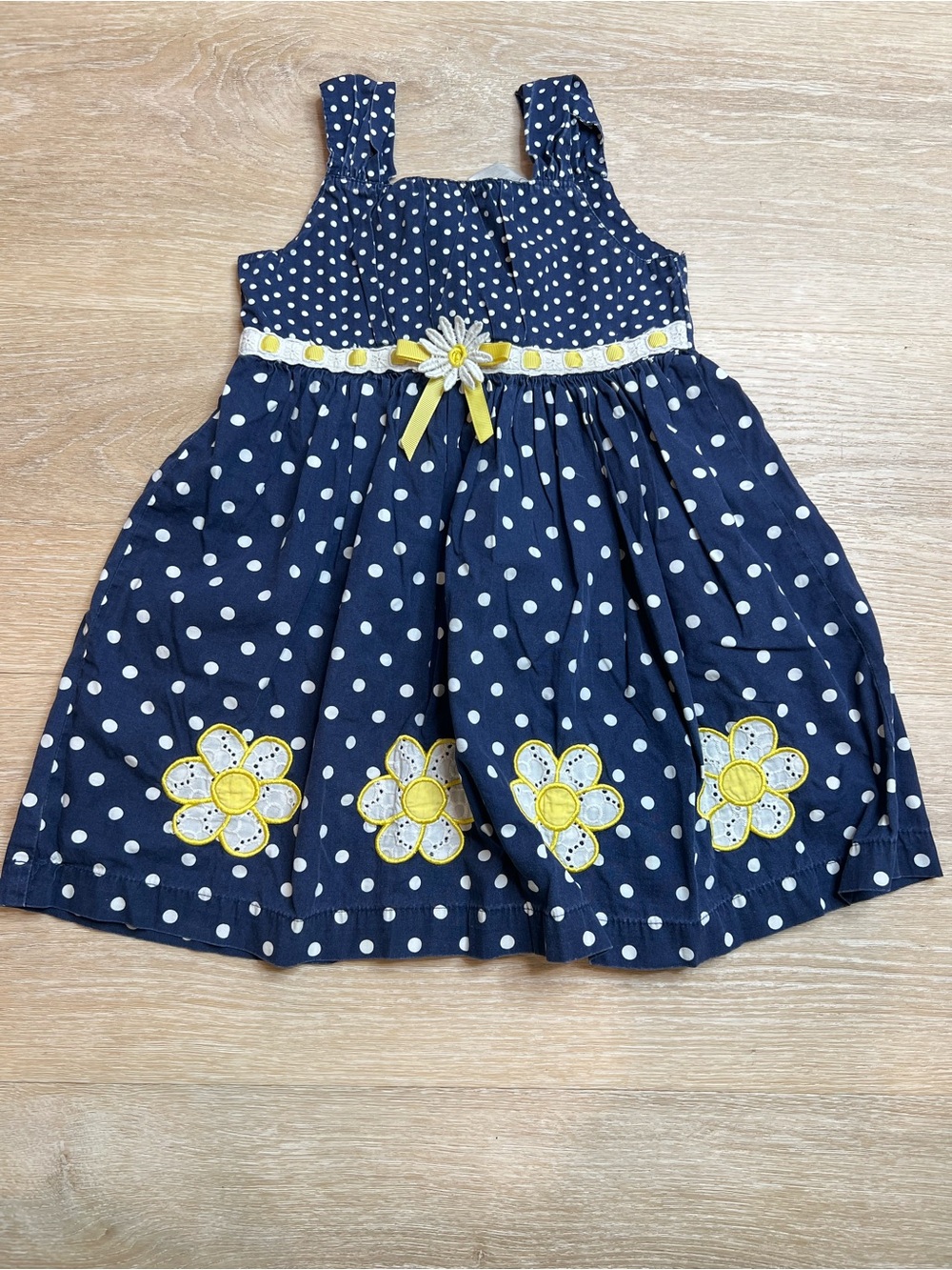Bluberi Boulevard Polka dot Daisy Dress Navy Blue Yellow White 100% Cotton 4T